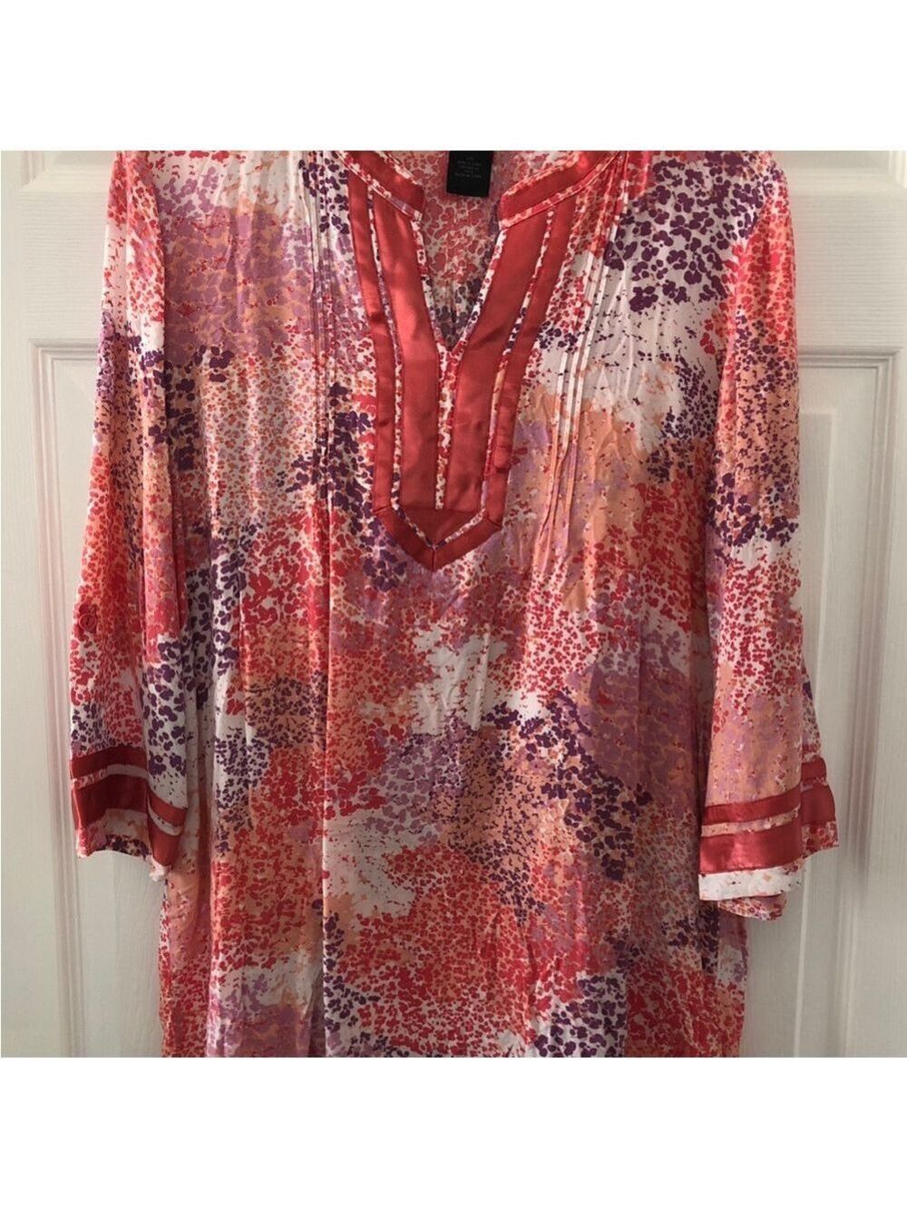 Calvin Klein V-Neck Tunic Vibrant Floral Print Ribbon Trim Watercolor Eclectic